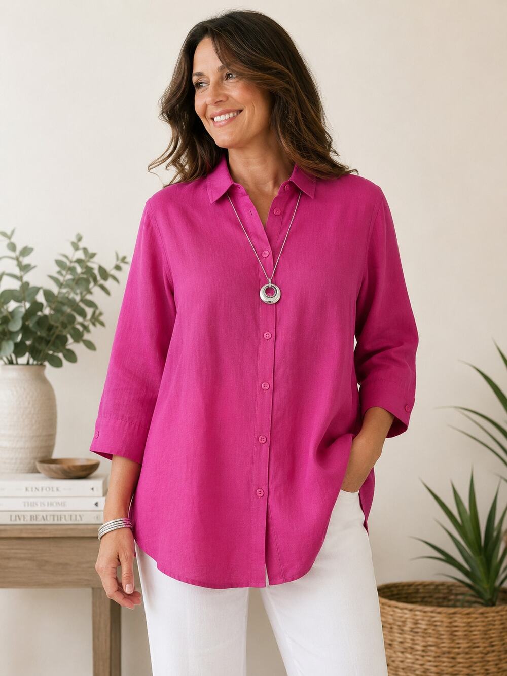 Chico's 100% Linen Shirt Women's Size 4 US 20/22 Hot Pink 3/4 Sleeve Tunic